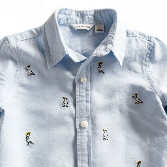Janie and Jack Boys 2T Bird Button Down Shirt Light Blue Embroidered Linen Blend - Picture 3 of 9